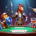 Visuel dynamique de jeu mettant en avant le casino en ligne retrait instantané avec des personnages interactifs et des éléments de poker colorés.