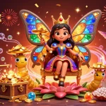 Visualisez le monde fascinant du casino en ligne retrait instantané avec une reine papillon colorée entourée de trésors.