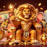 Casino en ligne retrait instantané avec un lion roi majestueux entouré de symboles de machines à sous.