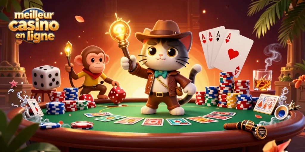 Jouez au meilleur casino en ligne avec des jetons de poker et des cartes, dans une scène dynamique.