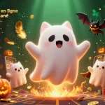 Illustration captivante de casino en ligne retrait instantané avec un chat fantôme et un vampire, entouré de jetons et de feu.