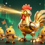 Jouer au casino crypto avec un robot en or et des drones, entouré de pièces et de jetons de jeu.