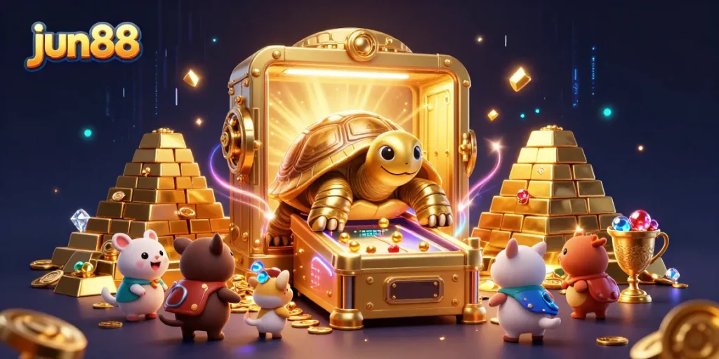 Experience the excitement of jun88 with an ultra-detailed scene featuring a colossal tortoise pinball machine and treasures.