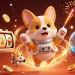 Jouer au casino en ligne retrait instantané avec un corgi astronaute et des éléments festifs flottants.