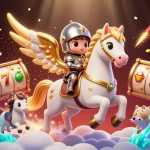 Illustration dynamique représentant un cheval céleste et un chevalier traversant des nuages, jouant au casino en ligne le plus payant.
