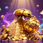 Une illustration de casino en ligne retrait instantané avec un scarabée doré et des éléments de jeu colorés dans un décor fascinant.