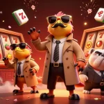 Célébrez le casino en ligne retrait instantané avec trois raptors comiques en manteau devant un casino, entourés d'éléments de jeu.