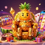 Le casino en ligne retrait instantané est présent dans une scène animée avec un roi ananas et des éléments de jeu.