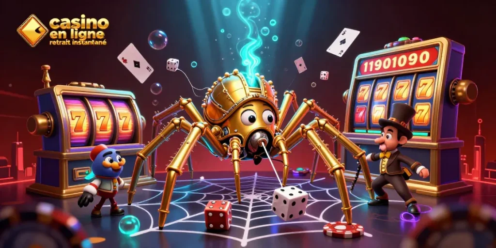 Visualisez une scène immersive de casino en ligne retrait instantané avec une araignée steampunk captivante.