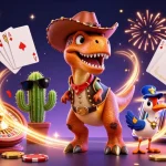 appkeonhacai features a vibrant casino scene with colorful characters and flying coins, showcasing exciting gambling action.