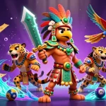 Plongez dans l'univers des jeux avec casino en ligne retrait instantané et des guerriers aztèques, entourés de ballons colorés et de tickets en or.