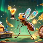 Visualisez un casino en ligne le plus payant avec un moustique mascotte et un DJ trilobite dans un monde vibrant.